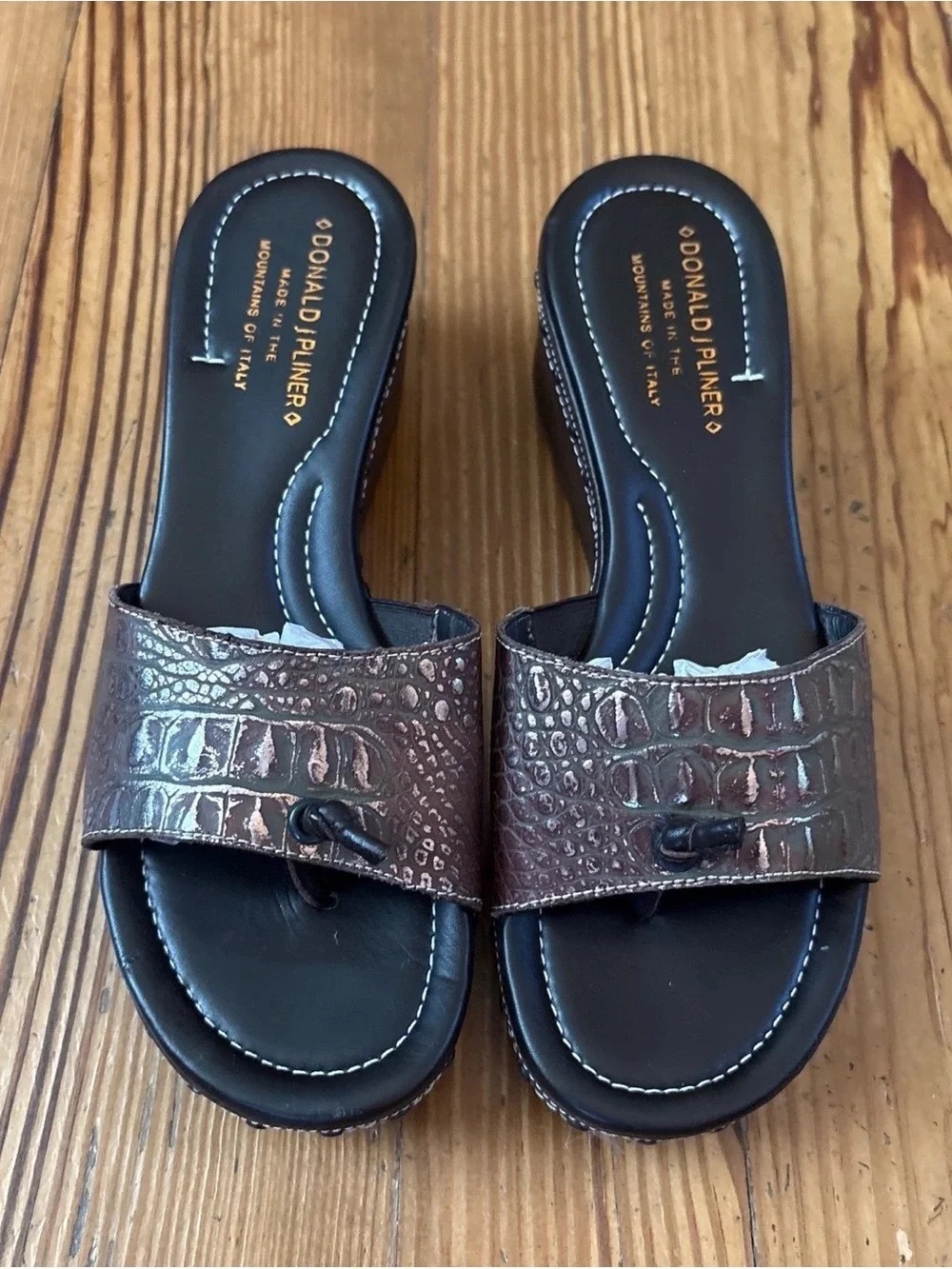 Donald J. Pliner Bronze Croc-Embossed Slide Wedges